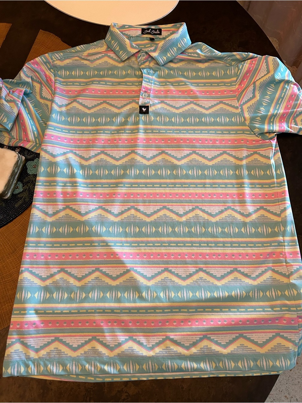 Bad Birdie Aztec Stripe Polo in Light Blue and Pink
